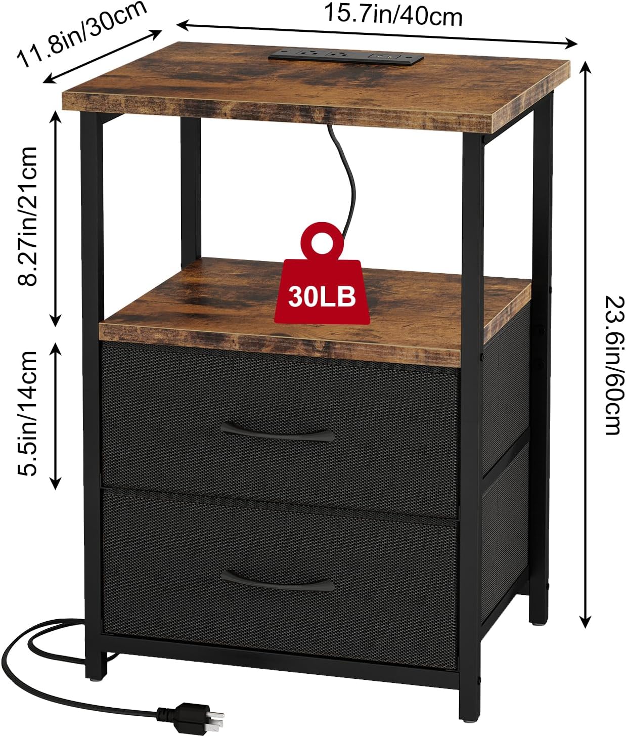 Fixwal Night Stand with Charging Station, Nightstand with Fabric Drawers, Bedside Table for Bedroom, Rustic Brown