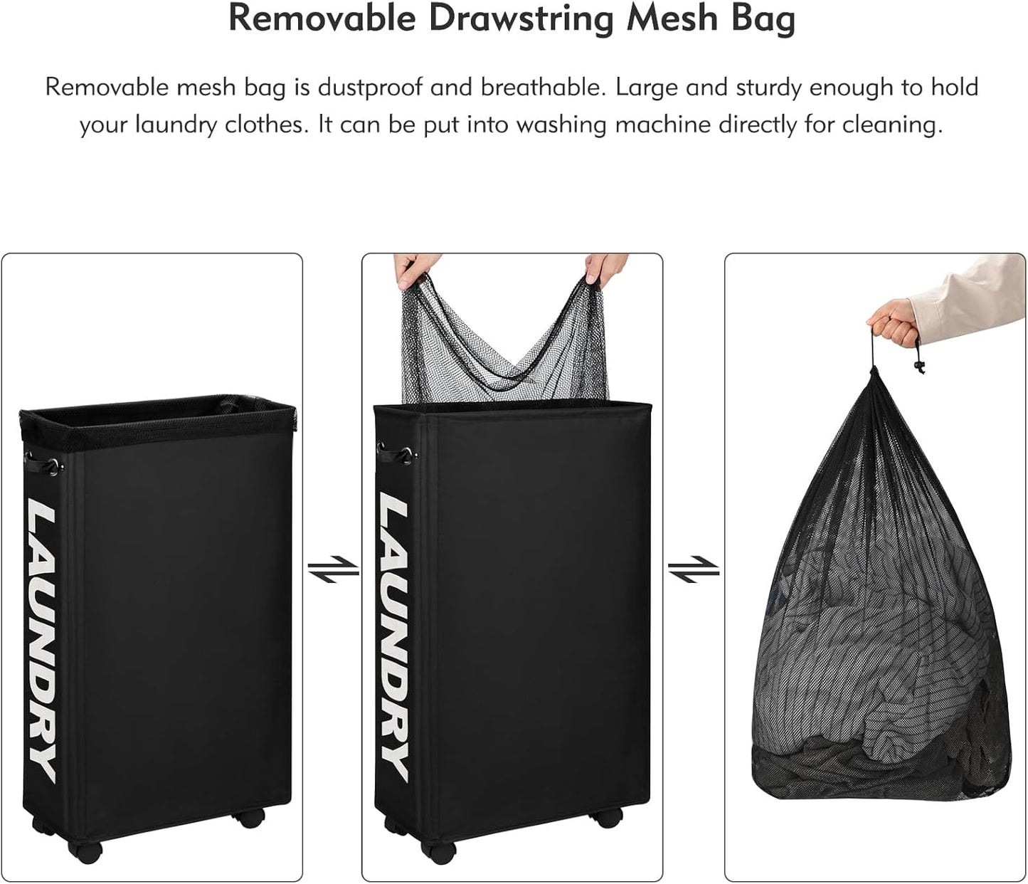 29-Inches DOKEHOM Enlarged Slim Laundry Basket with Removable Wash Bag on Wheels, Collapsible Rolling Laundry Hamper
