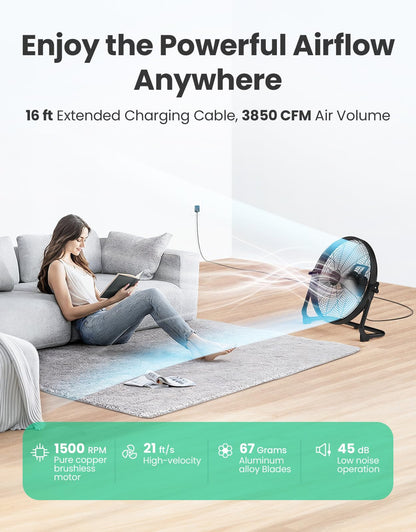 Tonree 18" Portable Battery Operated Floor Fan, Hi-Velocity Rechargeable Cordless Fan, USB Phone Charge, 12-60H Runtime, Quiet, Wireless, Hi-Airflow, For Camping Home Gym Patio Outdoor Summer Gazebo