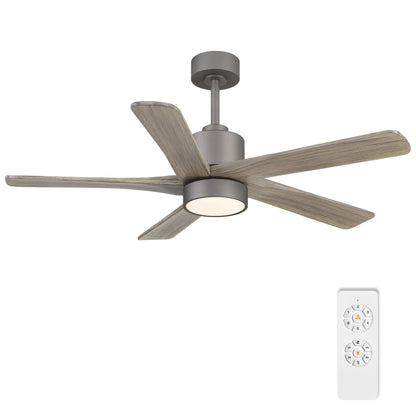 WINGBO 48 Inch DC Ceiling Fan with Lights and Remote Control, 5 Carved Solid Wood Blades, 6-Speed Noiseless Reversible DC Motor, Indoor Ceiling Fan in Graphite Finish with Gray Blades