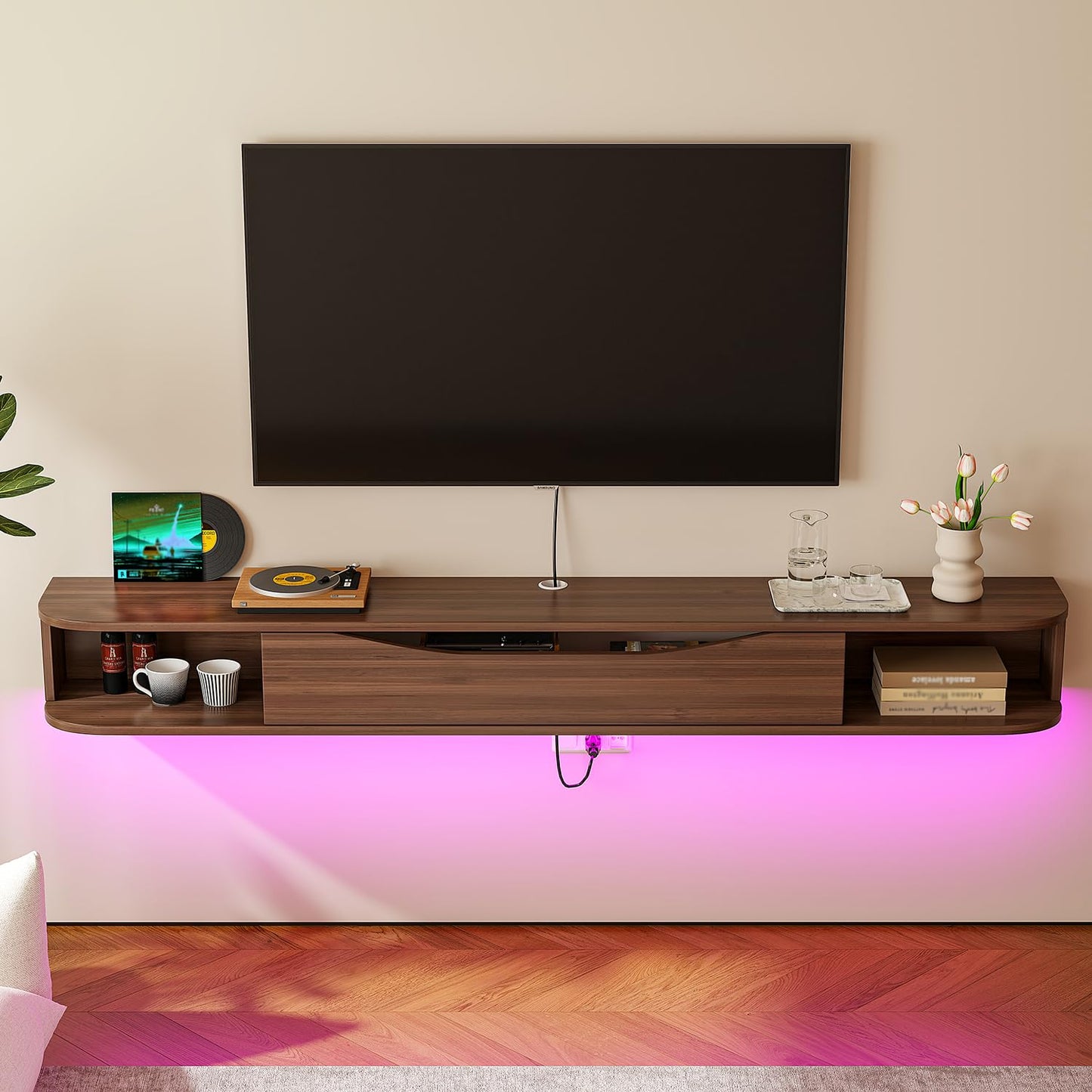 FurniNova Floating TV Stand,94'' Wall Mounted TV Cabinet,Floating TV Console,Under TV Shelf with 1 Door and 2 Cabinets for TVs up to 90''(Walnut)