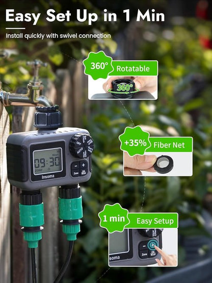 Insoma 2-Zone Sprinkler Timer - Programmable Garden Hose Timer with Auto/Rain Delay | Waterproof & Easy Setup for Efficient Lawn Irrigation