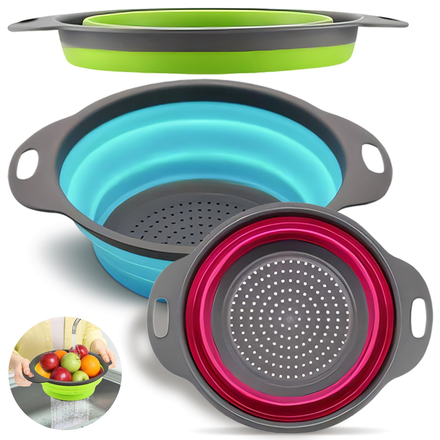 Silicone Collapsible Colander Sink Colander Collapsible Camping Versatile Collapsible Strainer Sink strainer basket over Sink Strainer (Red Green Blue)