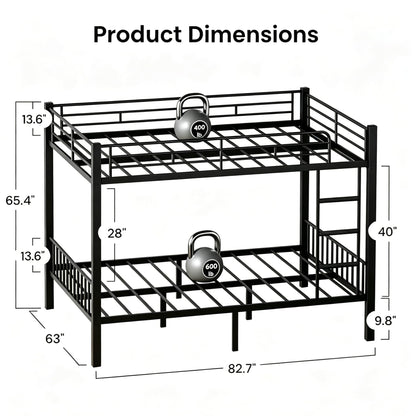 Feetice Queen Over Queen Bunk Bed, Heavy Duty Metal Bunk Bed for Adults & Teens, 400/600lbs Capacity, Full-Length Top Guardrails, Anti-Slip Ladder, 9.8" Underbed, No Box Spring Needed