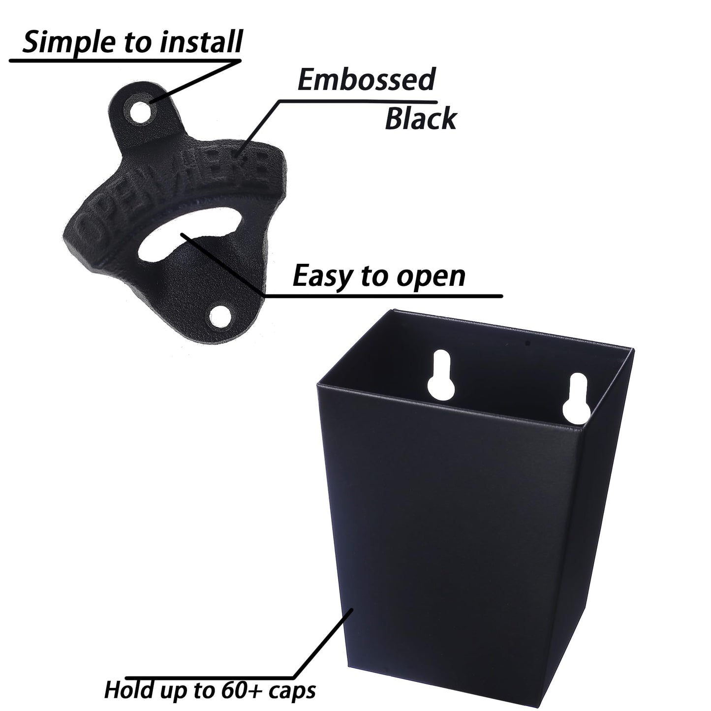 Jumiok Satin Black Cast Iron Bottle Opener Wall Mounted with Bottle Cap Catcher Narrow
