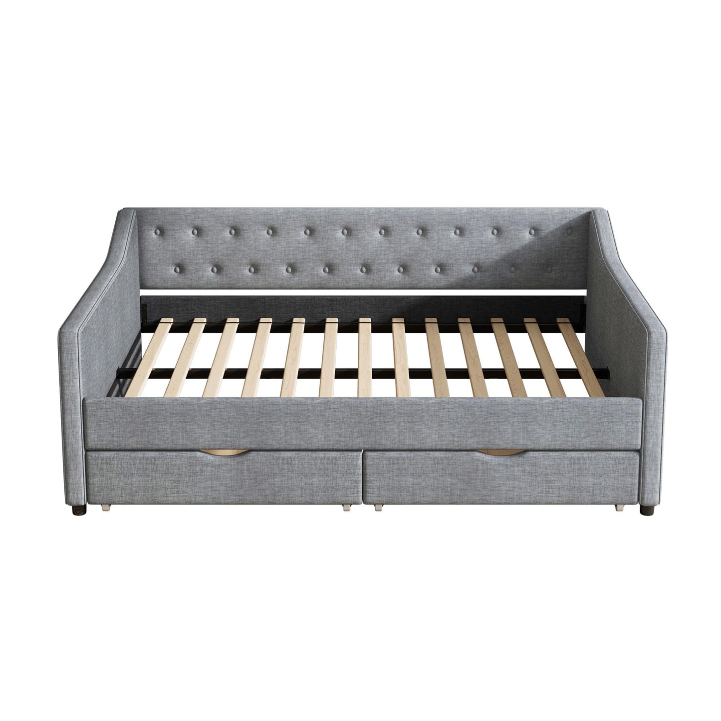 Ball & Cast Full Daybed W/ 2 Storage Drawers,Upholstered Day Bed W/Waved Shape Arms & Button Back,Sofa Bed for Bedroom,Guest Room,Living Room,No Box Spring Needed,Light Grey