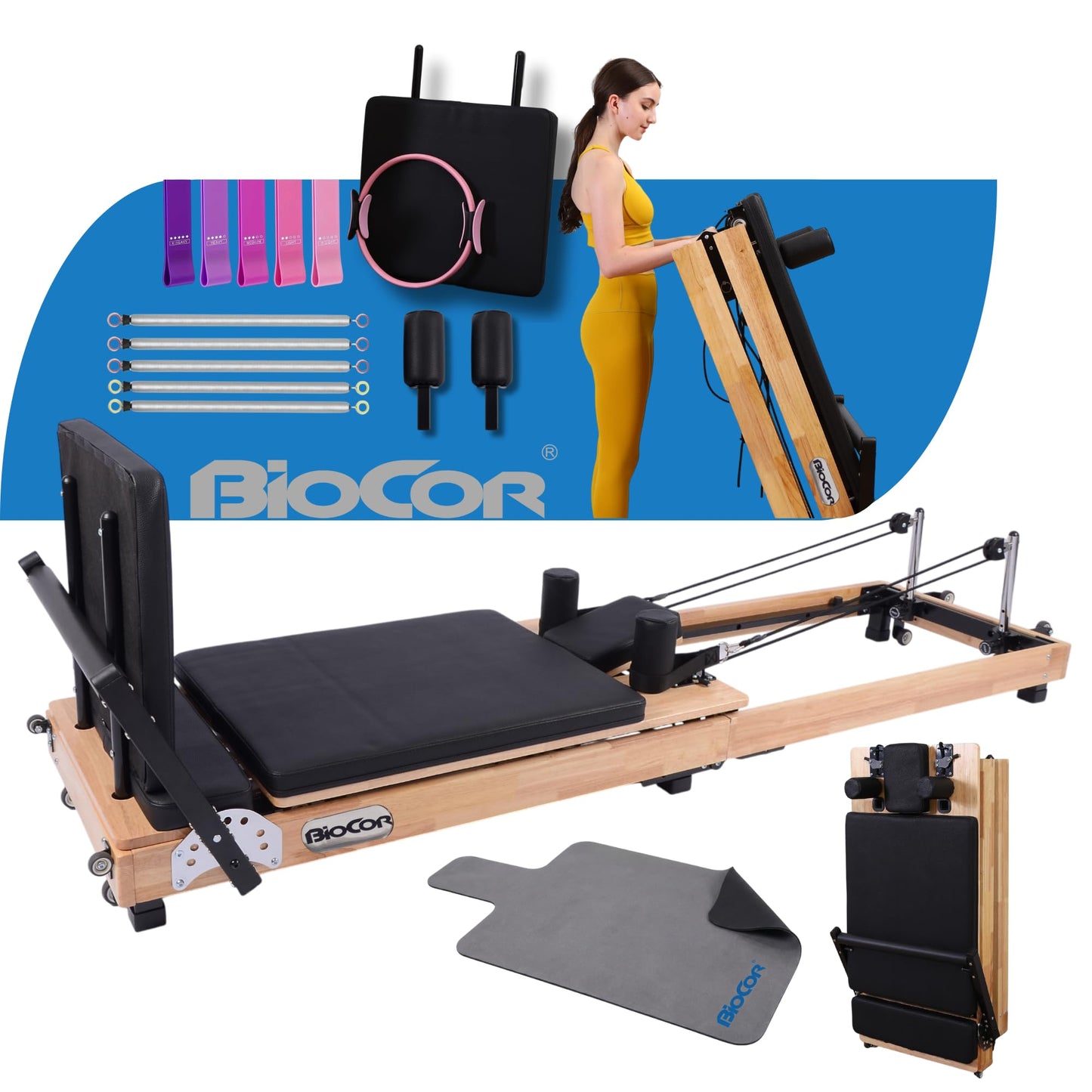 BIOCOR MAX4.0 Pilates Reformer, Wood Pilates Machine with Pilates Ring, Yoga Bands & Jumpboard, High-Resistance Springs, Foldable Pilates Equipment for Home Workouts up to 800 lbs Weight Capacity
