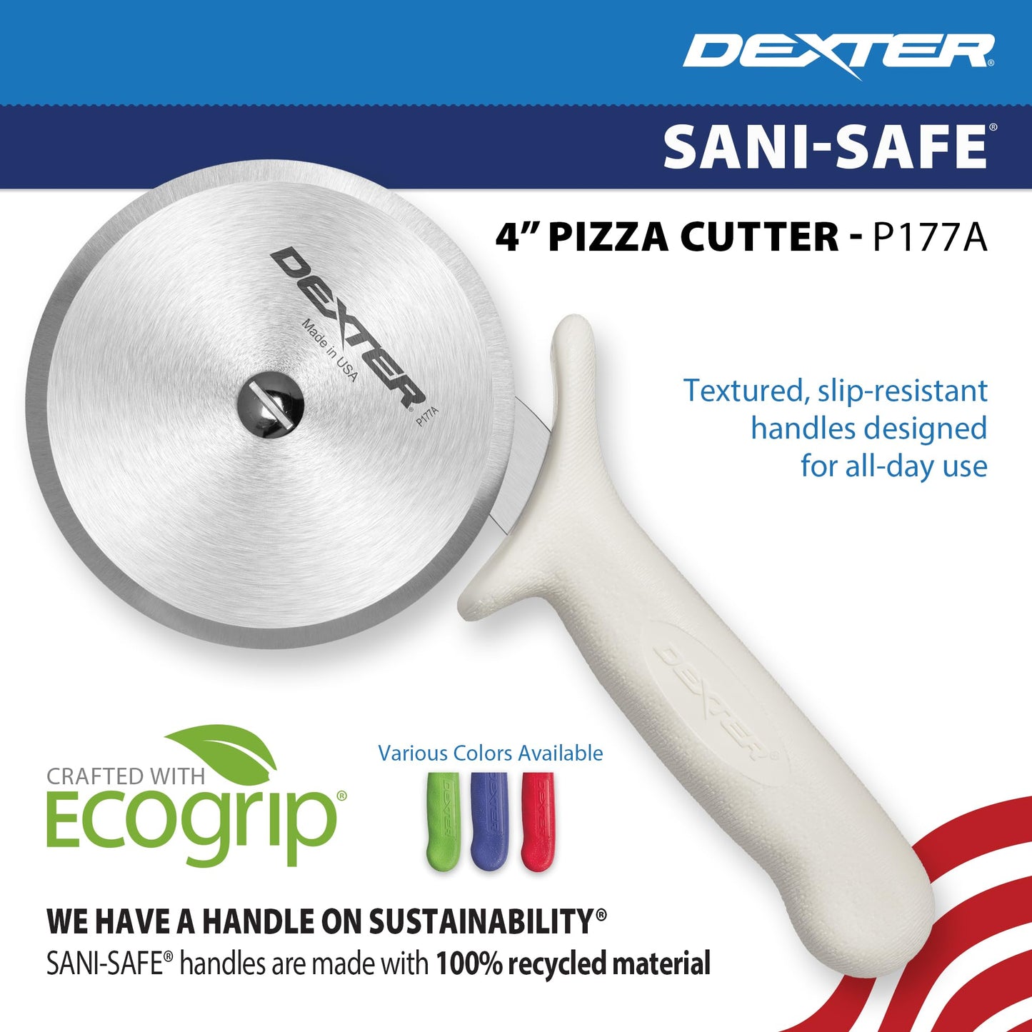 Dexter-Russell 4" Pizza Cutter, P177A-4PCP | SANI-SAFE Series, Stainless Steel Blade with Slip-Resistant Polypropylene Handle | Heavy-Duty Rotary Cutter for Pizza, Pastry & More | Made in USA
