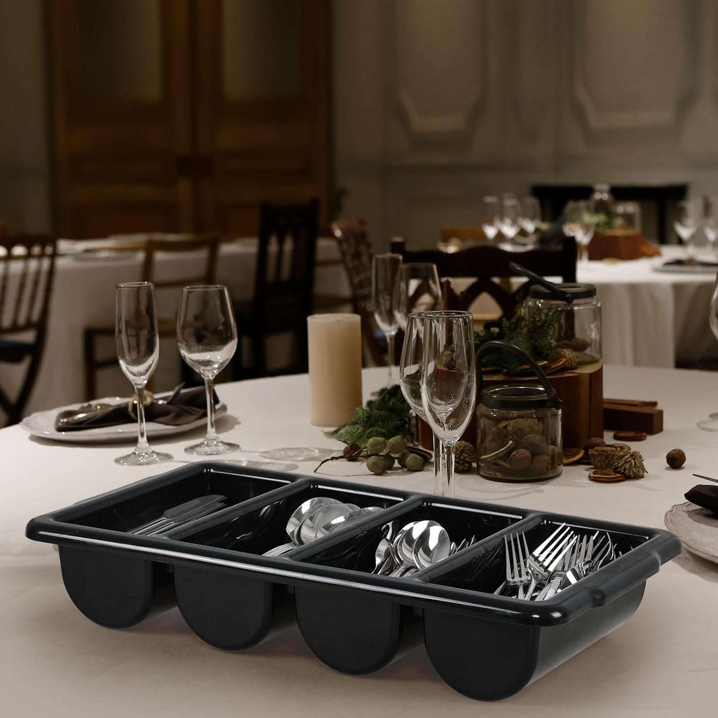 Loiycg 4 Compartment Cutlery Bin, Set of 4 Restaurant Silverware Tray Plastic, Black