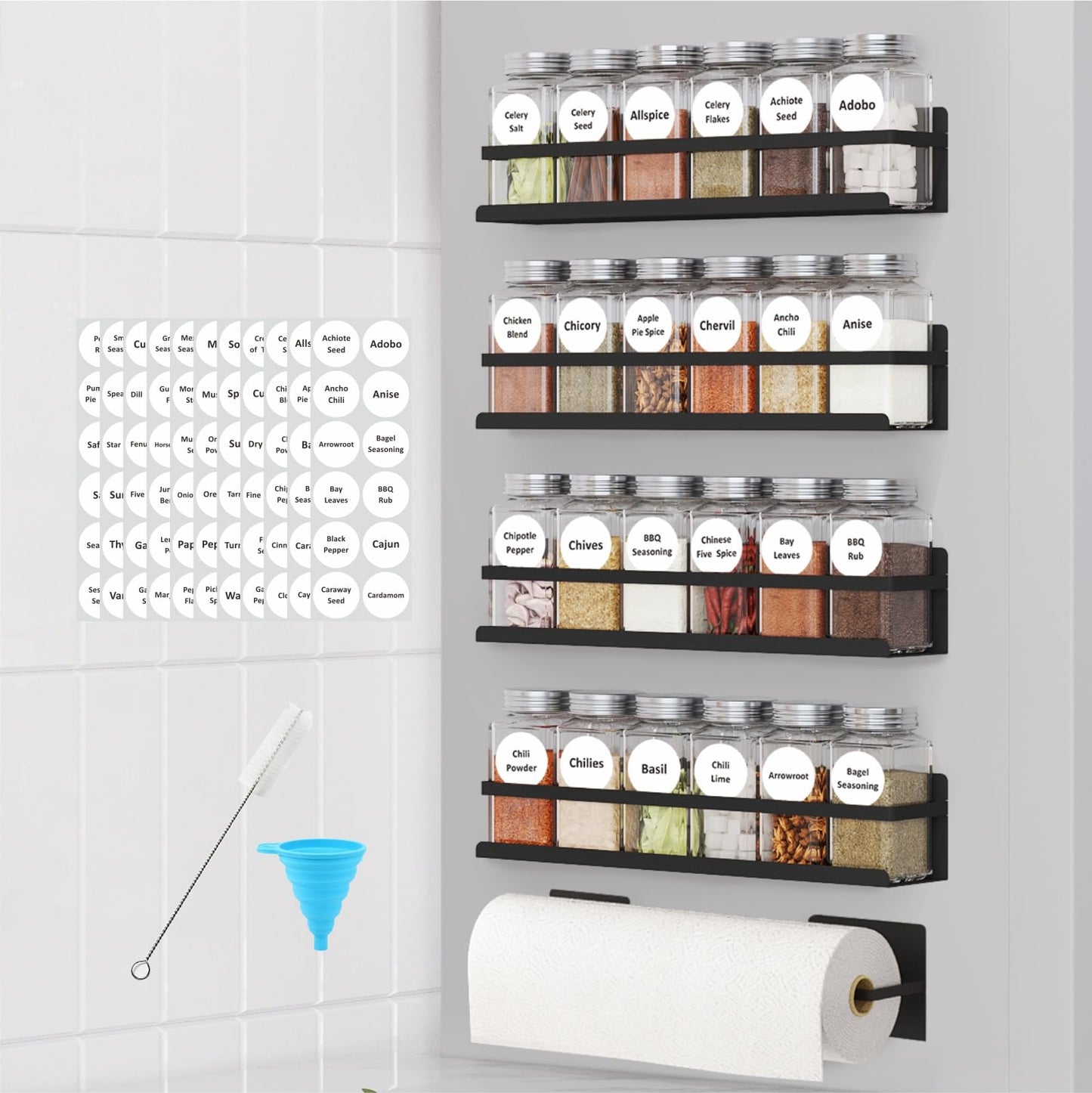 Roysili Magnetic Spice Rack with Jars Magnetic Spice Rack for Refrigerator 24 Spice Jars with Label Magnetic Shelves for Fridge 4 Pack Black