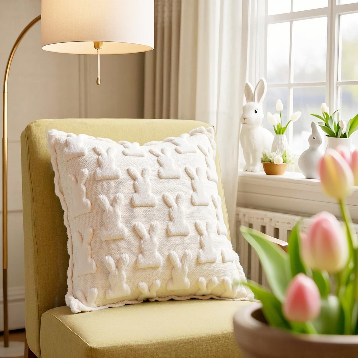 AONSOULE Easter Pillow Covers 18x18, 2Pcs Soft Beige Bunny Pillow Covers with Hidden Zipper, Easter Home Decorations Cute Spring Home Decors for Sofa Bedroom