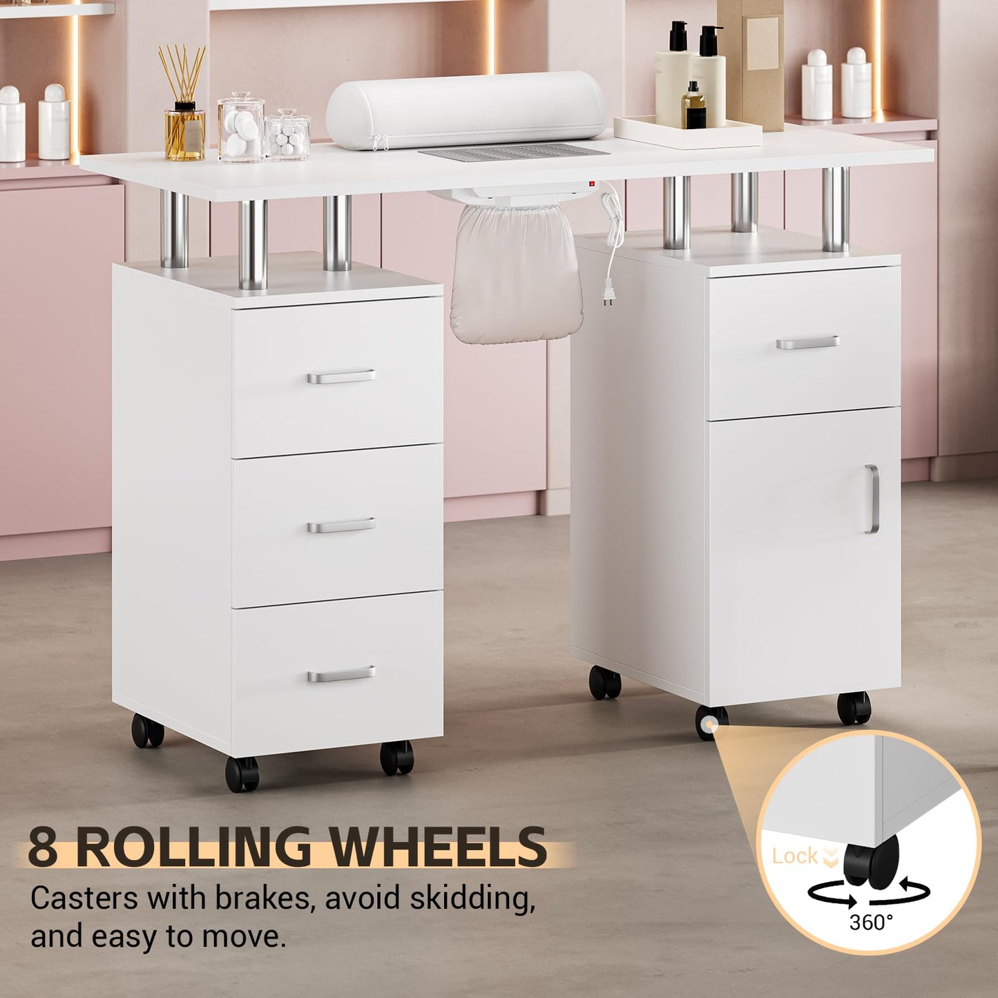 PeacefulHues Manicure Table Nail Desk, Nail Station with Electric Dust Collector, Wrist Rest and Storage Drawers Cabinet, Beauty Salon Workstation for Nail Tech, White