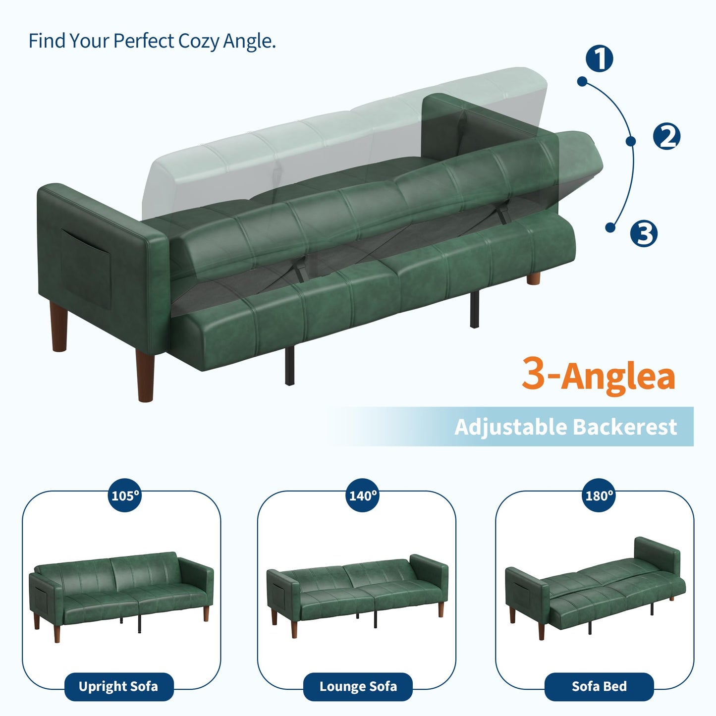 GarveeHome Futon Sofa Bed, 75-Inch Modern Faux Leather Convertible Couch, Mid-Century Loveseat for Small Space, Living Room, Bedroom, Green