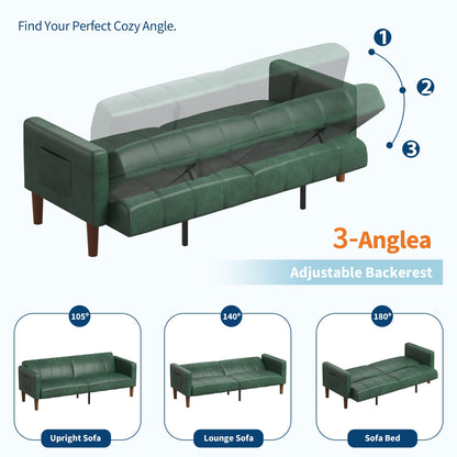 GarveeHome Futon Sofa Bed, 75-Inch Modern Faux Leather Convertible Couch, Mid-Century Loveseat for Small Space, Living Room, Bedroom, Green