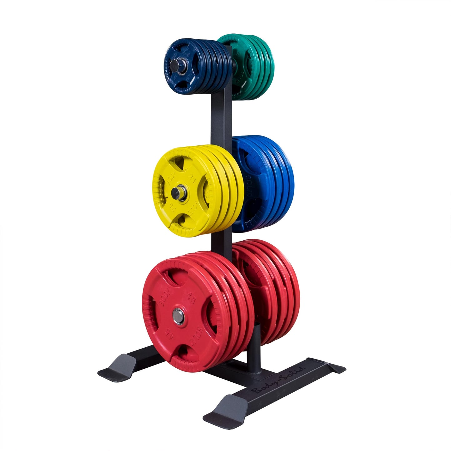 Body-Solid (GWT56) Heavy-Gauge Vertical Weight Tree Rack & Olympic Bar Holder, Commercial Bumper Plate Storage with 6 Chrome Weight Horns, Home Gym Weight Plates & Barbell Stand, 1000 lbs Capacity