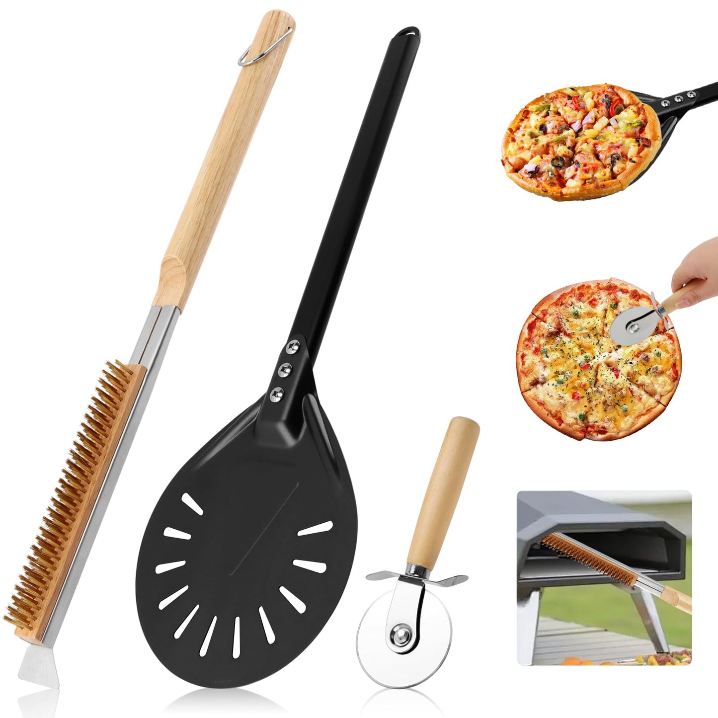 Pizza Oven Accessories Kit w/Pizza Oven Brush & Stone Scraper, 7.8inch Aluminum Perforated Long Handle Nonstick Pizza Turning Peel Cutter Wheel for Outdoor Homemade Baking Pizzas