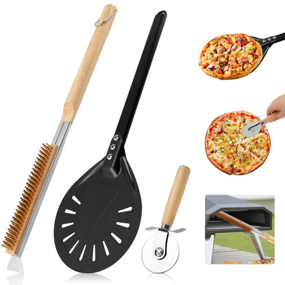 Pizza Oven Accessories Kit w/Pizza Oven Brush & Stone Scraper, 7.8inch Aluminum Perforated Long Handle Nonstick Pizza Turning Peel Cutter Wheel for Outdoor Homemade Baking Pizzas