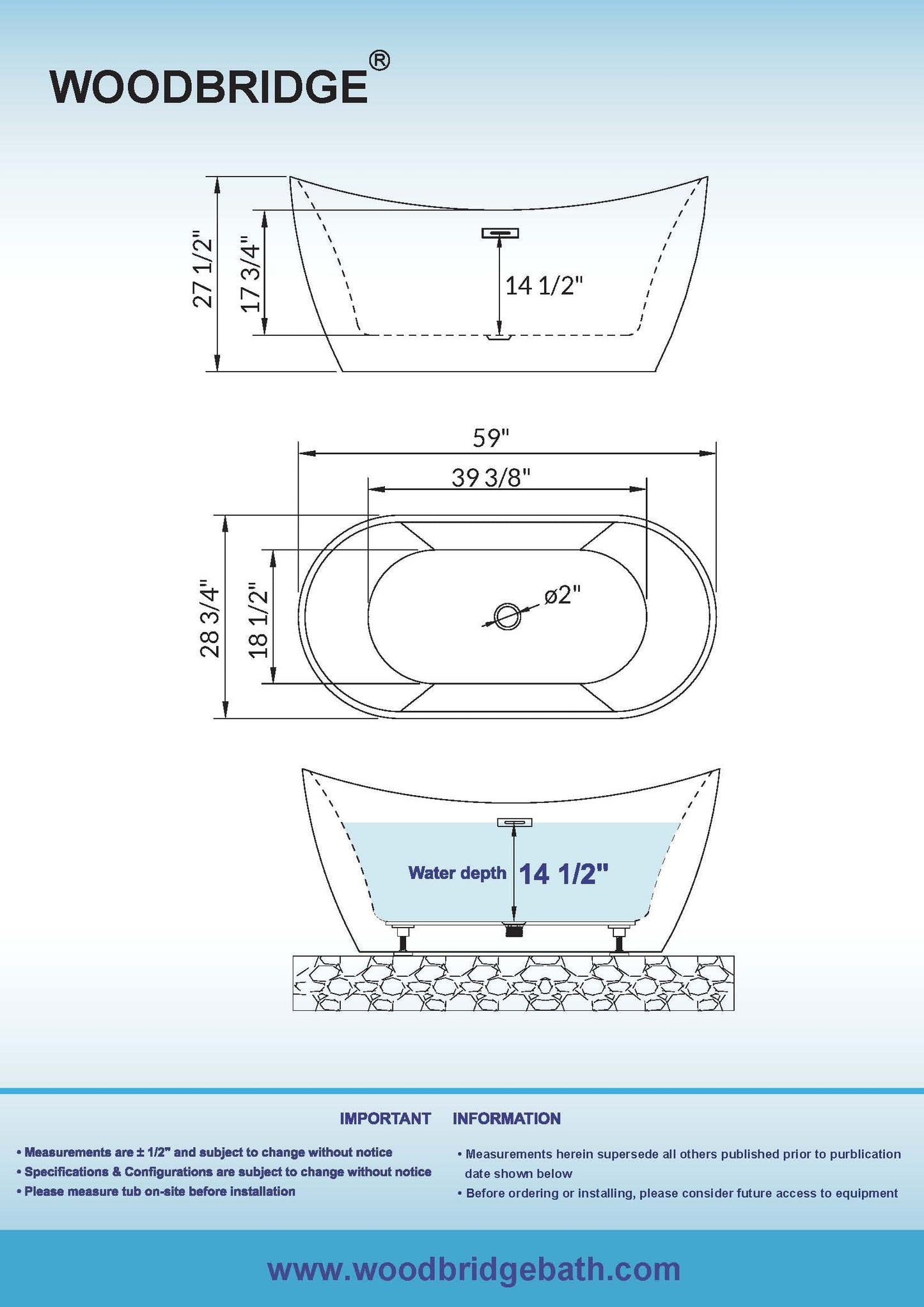 WOODBRIDGE 59" Acrylic Freestanding Bathtub Contemporary Soaking White Tub with Brushed Gold Overflow and Drain,BTA1516 BG