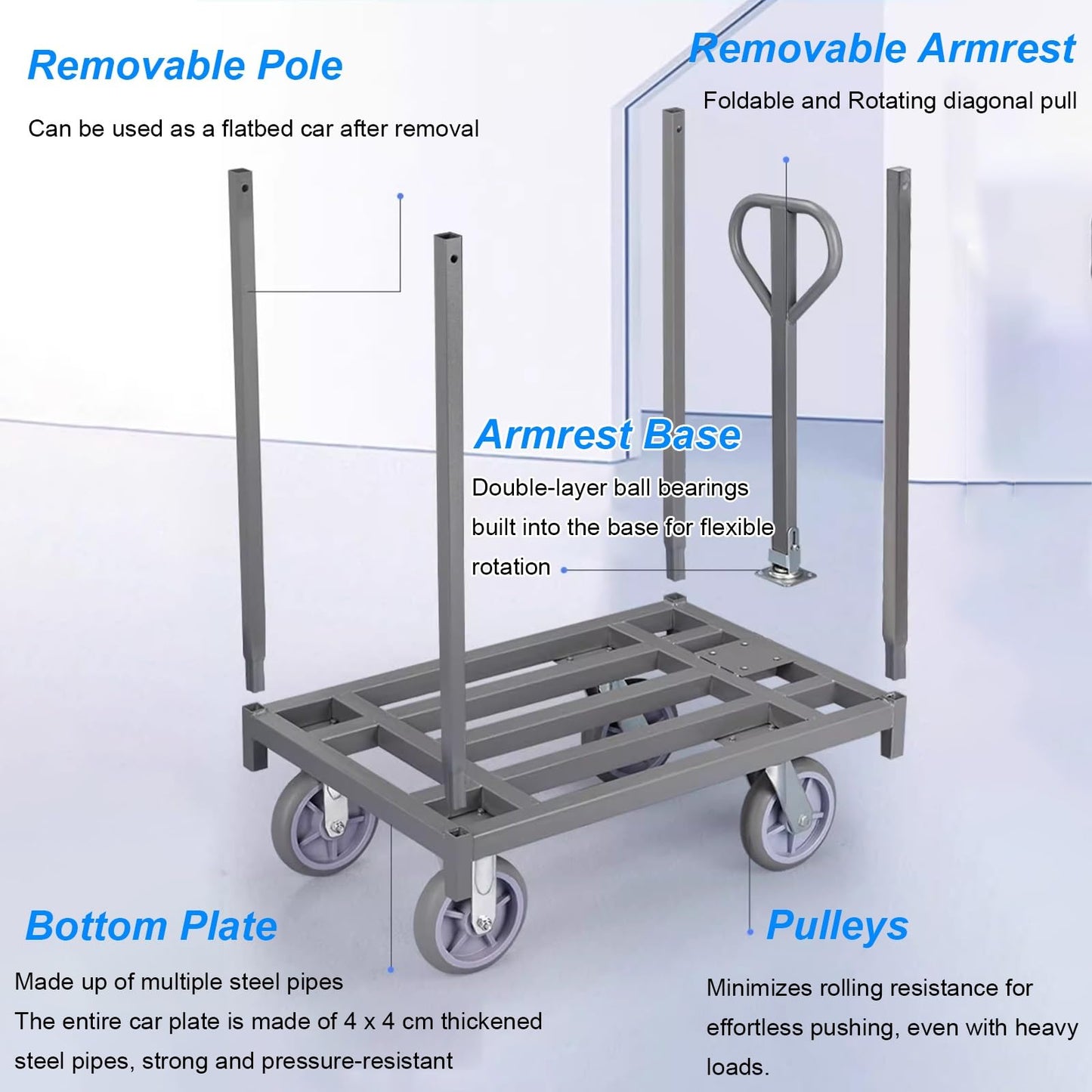 Folding Platform Trolley with Removable Armrest and Fence Pole, Heavy Duty Commercial Pulling Cart for Warehouse Factory Workshop, Easy Installation