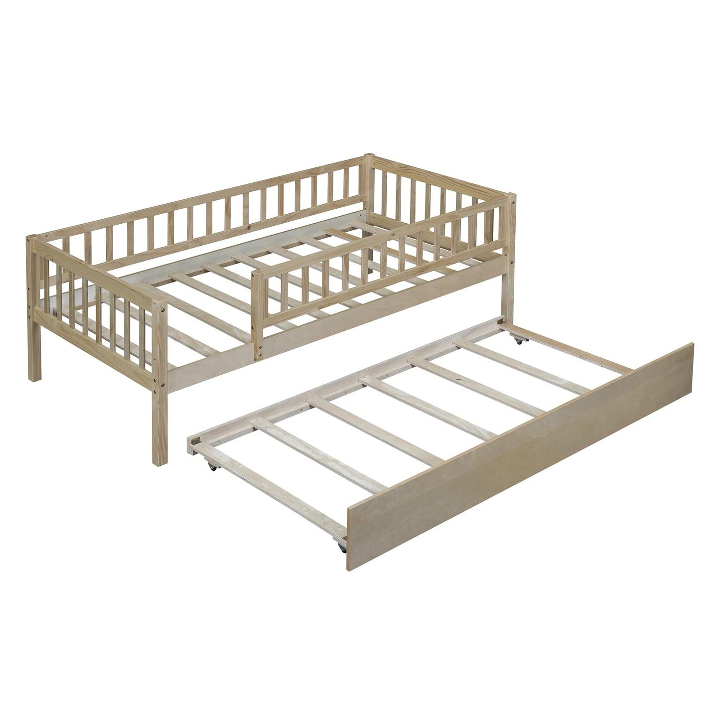 Bellemave Twin Bed Frames with Rails for Kids, Twin daybed Frame with Trundle for Boys/Girls/Adults， Natural