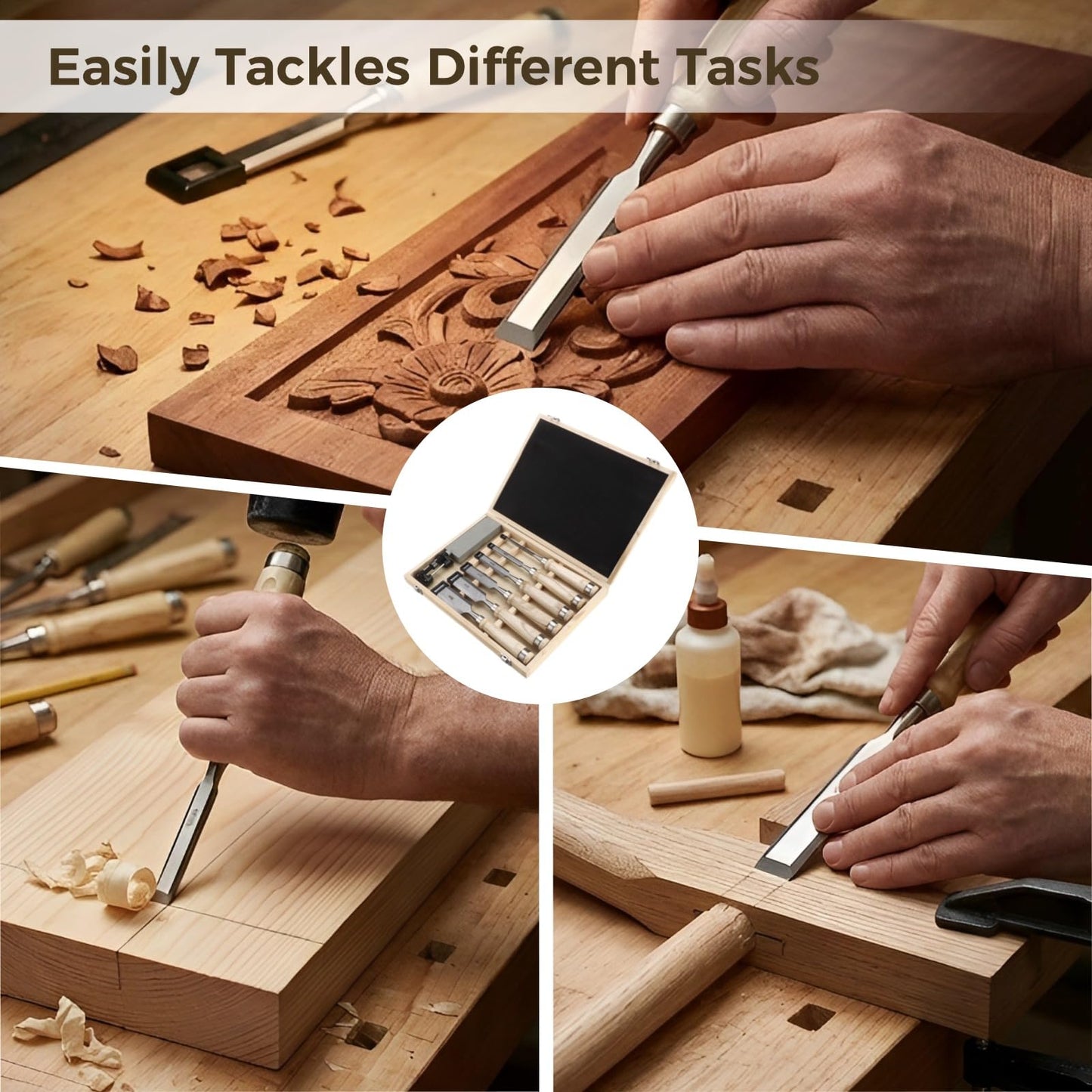 8 Pcs Wood Chisel Set for Woodworking, CR-V Steel Wood Carving Chisels Kit (1/4" to 1-1/2") with Sharpening Stone & Honing Guide, Professional Carpentry Hand Tools in Wooden Box