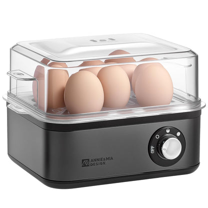 Annie & Mia Design Stainless Steel Electric Rapid Egg Cooker, 8 Egg Capacity 500W, Soft/Medium/Hard Boiled Egg Boiler Poacher Steamer Omelet Maker, Knob Auto Shut-Off, with Recipe Guide Book (Black)
