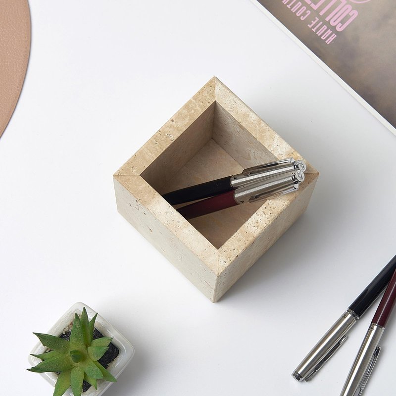 Real Natural Travertine Marble Toothbrush Holder & Pen Holder & Makeup Brush Holder & Utensil Holder, Genuine Stone Rectangular Bathroom Tumbler Cup, Durable Office & Home Countertop Organizer
