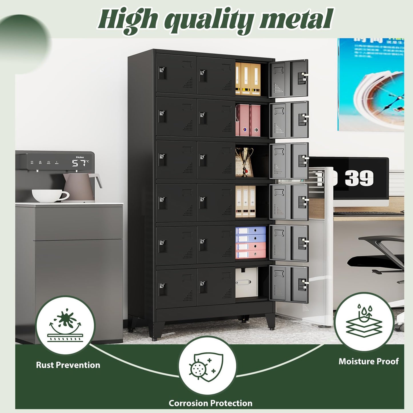 Lusiwry Metal Lockers for Employees-18 Doors Storage Locker with Shelves and Lockable Steel Cabinet for School,Gym,Office,Staff,Assembly Required,Black