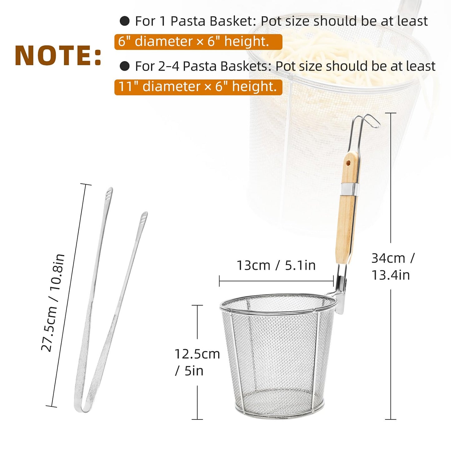 Pasta Strainer 2 Pcs - Noodle Strainer with Wooden Handle, 10.8in Cooking tweezers, Pasta Basket Boiling Food Pasta Gnocchi Ravioli