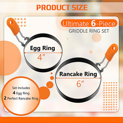 Patelai 6 Pcs Professional Egg Ring Pancake Ring Set Stainless Steel Fried Egg Molds Griddle Pancake Shapers with Orange Silicone Handle for Breakfast Omelette Sandwich(4, 6 Inch)
