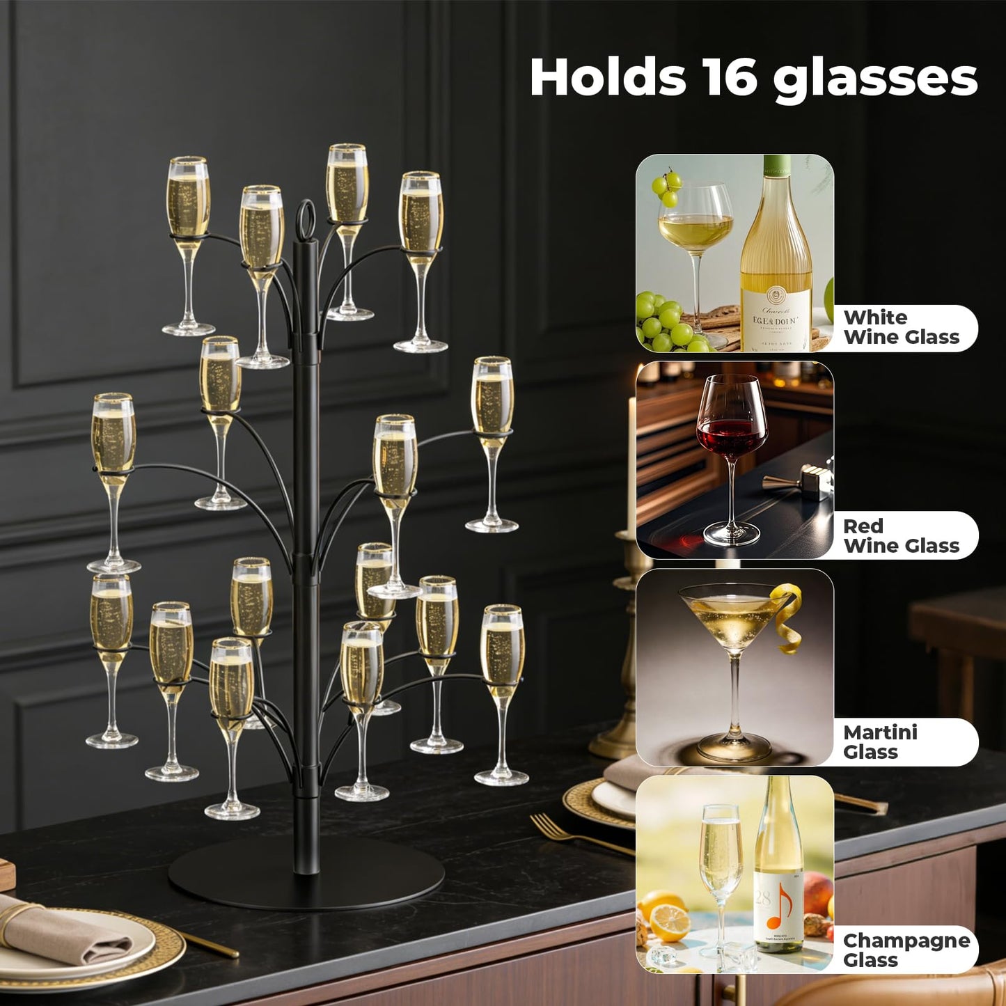 DEMEGA 3-Tier 16-Holder Metal Cocktail Tree Stand, Champagne Tower for Glasses Wine Glass Holder Drink Tower, Heavy Duty Drink Stand for Martini Margarita Cups Weddings Parties