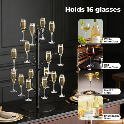 DEMEGA 3-Tier 16-Holder Metal Cocktail Tree Stand, Champagne Tower for Glasses Wine Glass Holder Drink Tower, Heavy Duty Drink Stand for Martini Margarita Cups Weddings Parties