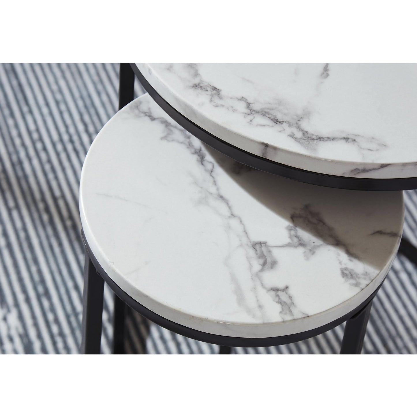 Signature Design by Ashley Jusmour Modern Nesting Table Set with Faux Leather Upholstered Ottoman, Set of 4, Black & White