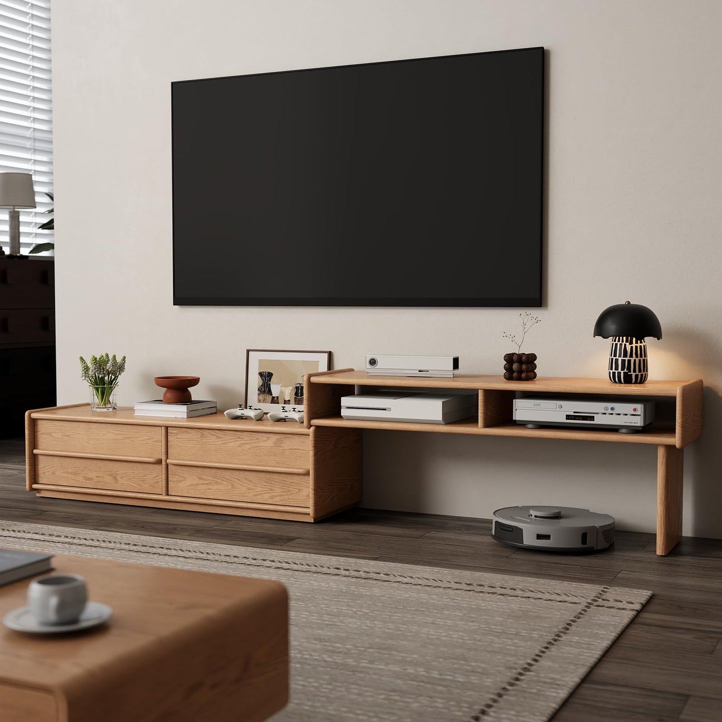 YQJJGL Extendable Solid Rubber Wood TV Stand, Space Saving Entertainment Center, TV Stand for Bedroom Living Room, Adjustable Television Cabinet Fits 42-90 Inch TVs