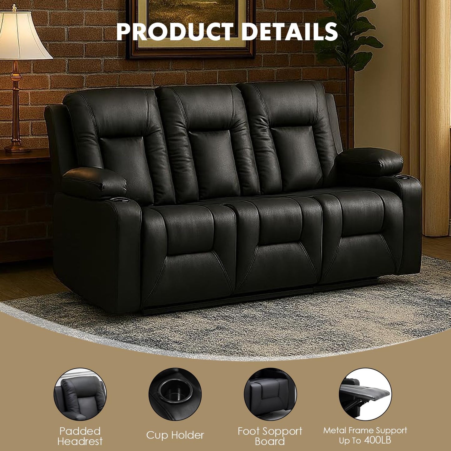 LUCKLIFE Leather Recliner Sofa Set with Manual Recliners,Living Room Furniture Set with Reclining Couch,Loveseat and Armchair,Living Room Chair with Cup Holders,Black (3+1)