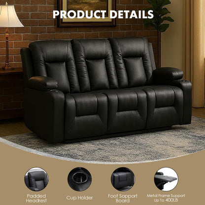 LUCKLIFE Leather Recliner Sofa Set with Manual Recliners,Living Room Furniture Set with Reclining Couch,Loveseat and Armchair,Living Room Chair with Cup Holders,Black (3)