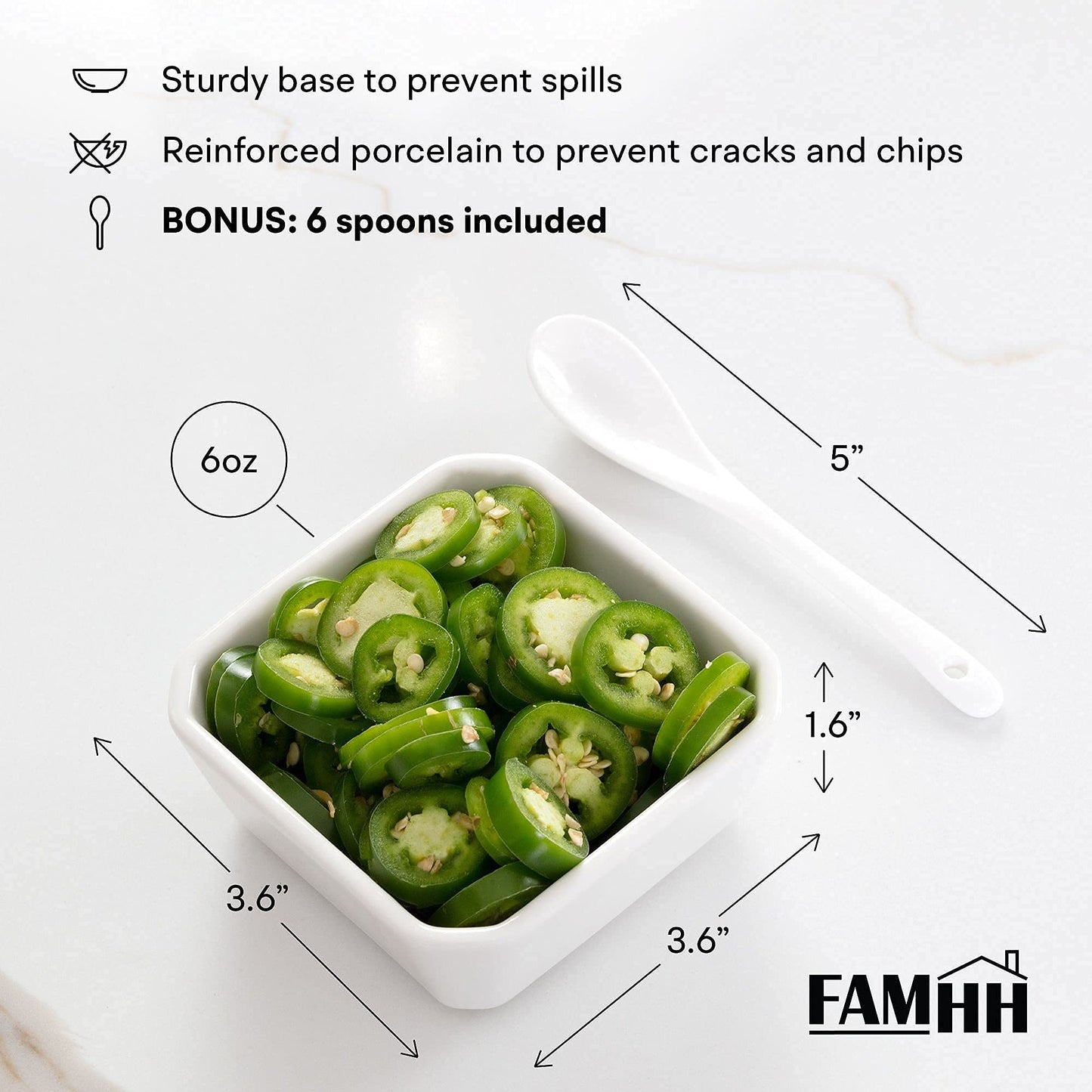 FAMHH 6 Oz White Porcelain Serving Bowls Set – 6 Small Bowls and 6 Serving Spoons – Sturdy, Oven- and Dishwasher-Safe Ceramic Condiment Cups for Sauces, Desserts and Appetizers