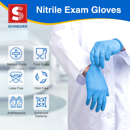 Schneider Nitrile Exam Gloves - M, 100-ct Box,Blue Disposable Gloves, Latex Free, Powder Free, Medical Glove for Cooking, Cleaning, Examination