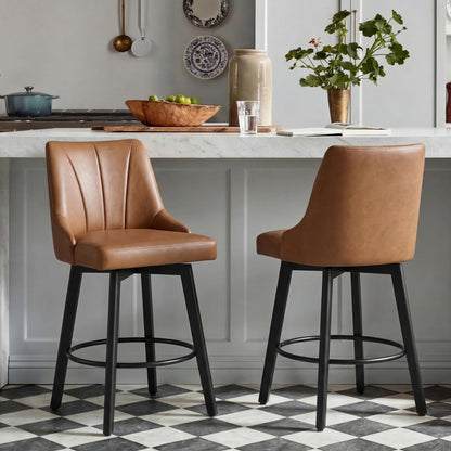 24" Counter Height Bar Stools Set of 2, Swivel Bar Stools with Backs, Faux Leather Upholstered Counter Barstools with Solid Wood Legs for Kitchen Island,Brown