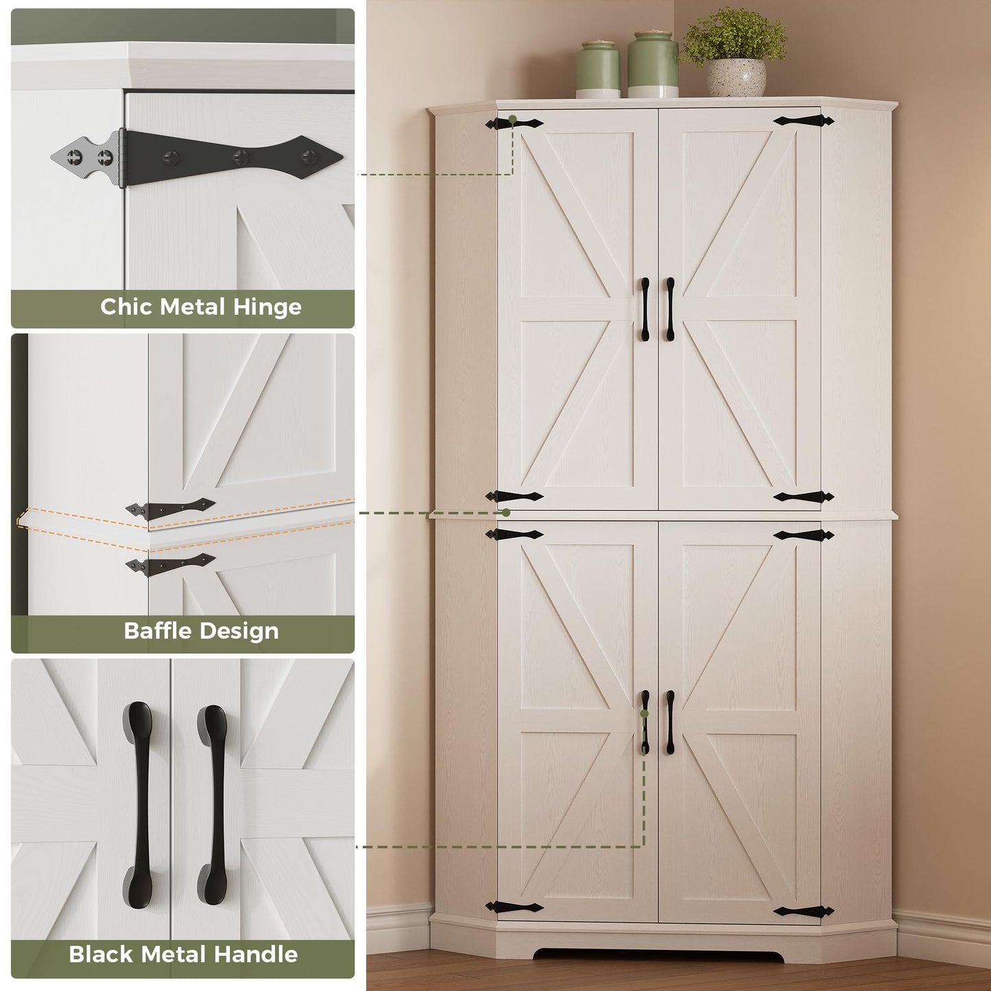 IRONCK Corner Cabinet, 72" Kitchen Pantry Cabinet, 6-Tier Freestanding Farmhouse Pantry with 2 Adjustable Shelves, 240°Swivel Doors, 2 Doors Storage, Spacious Hutch for Kitchen, Living Room, White