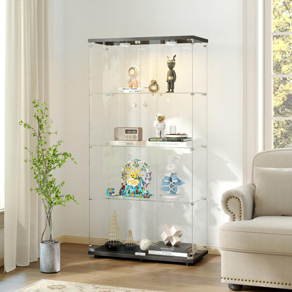 Zevemomo 4-Tier Tempered Glass Display Cabinet with Lights, Curio Cabinet with Glass Doors and Lock, Glass Display Case for Collectibles, for Living Room, Bedroom, Office, Double Door, Black