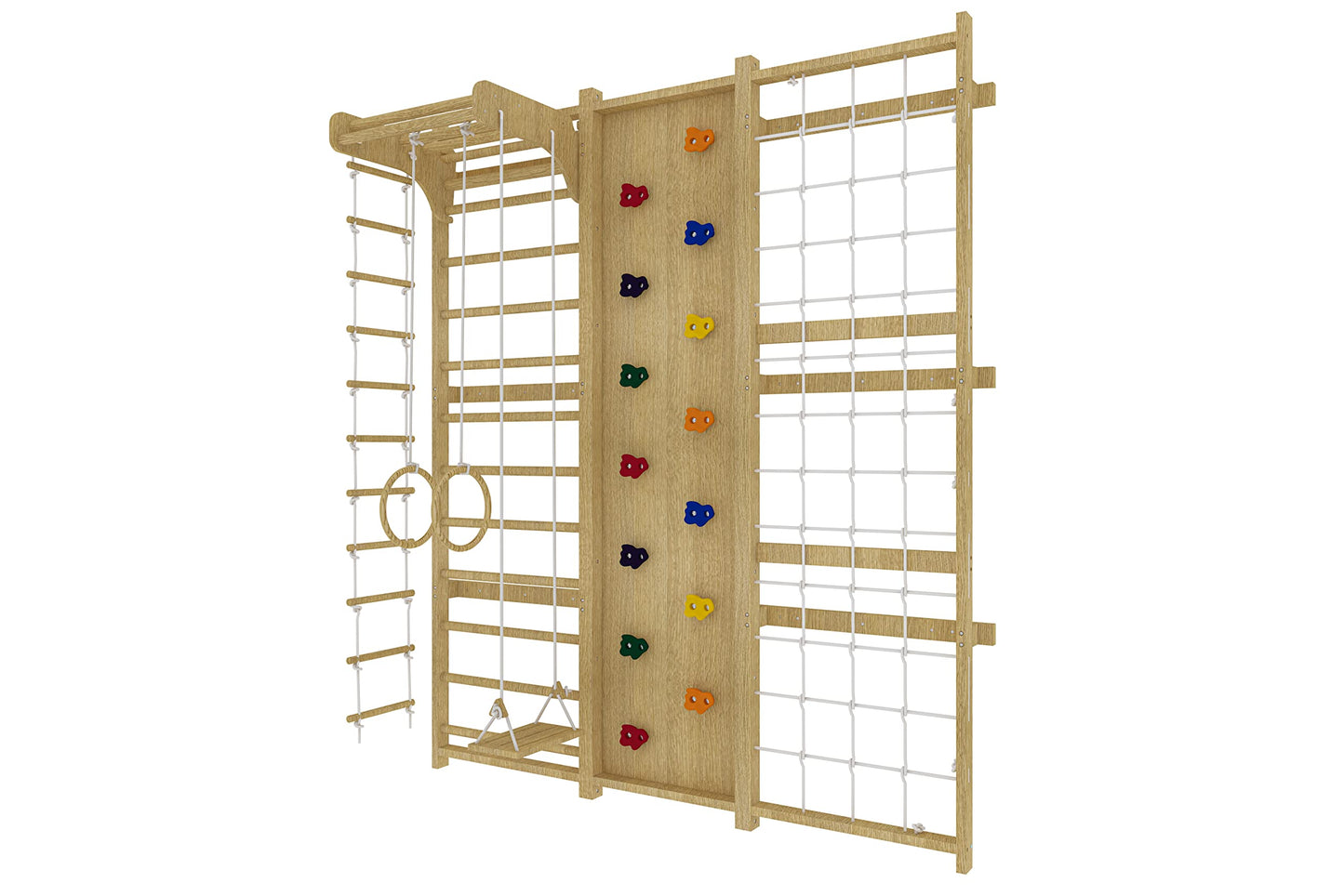 Avenlur Walnut 9-in-1 Swedish Ladder Wall Gym Set - 94.5 Inches - Trapeze Swing, Rope Ladder, Rock Wall, Rope Wall, Rock Ramp Climber, Slide, Pull-up Bar, Ladder and Swing