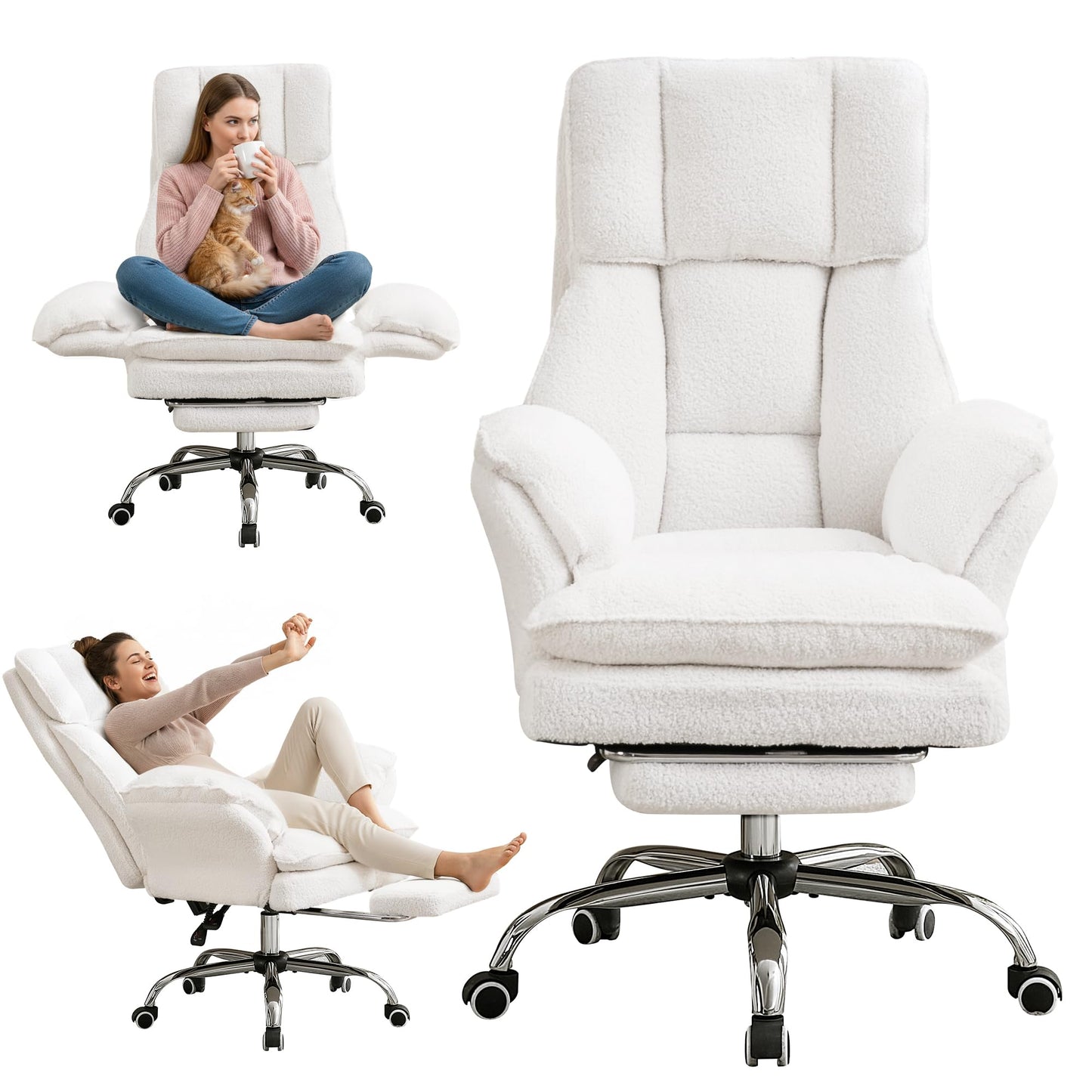 Ergonomic Cloud Cross Legged Office Chair with Footrest,Teddy Fleece Big and Tall Executive Chair with Wheels,Reversible Armrest,155° Reclining Computer Wide Desk Chair for Home,Office (White)