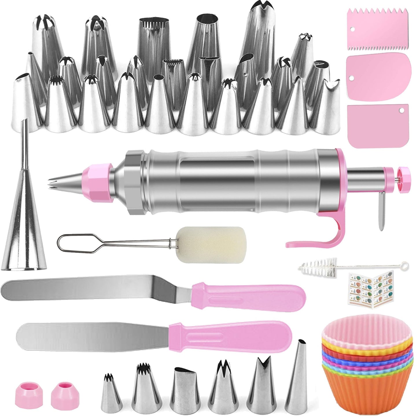 Dessert Decorating Syringe Set, Icing Piping Kit Stainless Steels Cake Decorating Tools 30 Piping Icing Nozzles Cupcake Decorating Kit - Pink