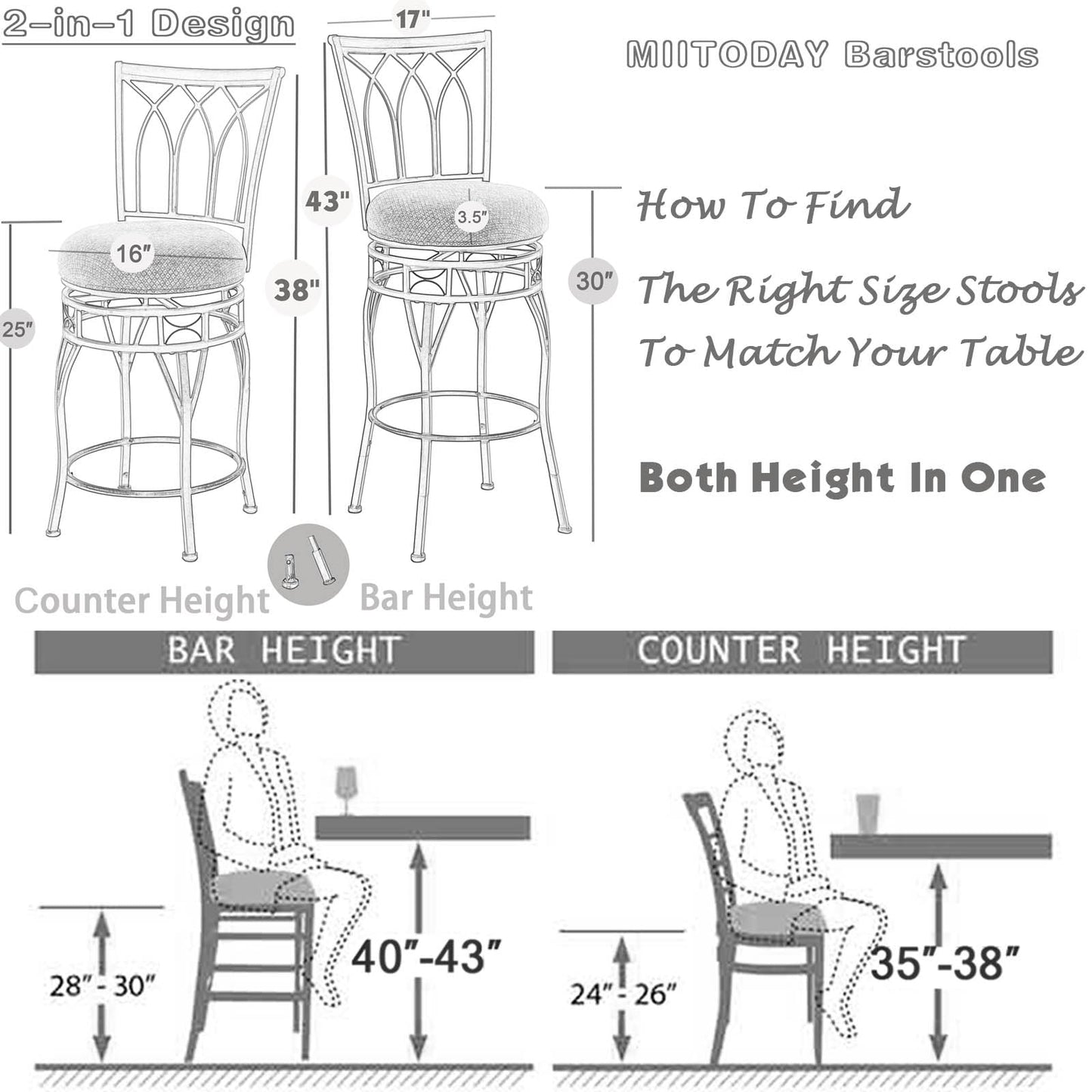 MIITODAY Farmhouse Swivel Bar Stools with Backs Set of 2, Adjustable 25"/30" Industrial Counter & Bar Chairs with Brown PU Leather, Antique Brass Metal, Vintage Rustic Wood for Kitchen, Pub, Bistro