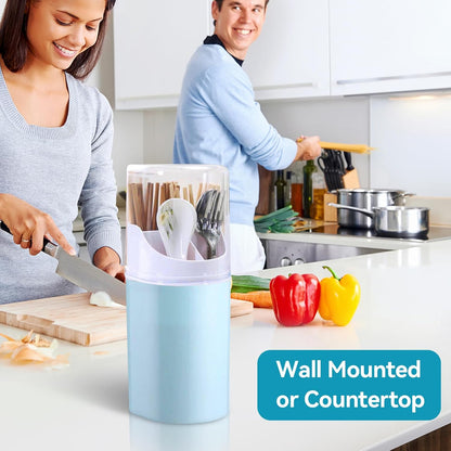 Blue Kitchen Utensil Holder with Cover, 4 Compartment Wall-Mounted Plastic Silverware Holder, Utensil Drying Rack for