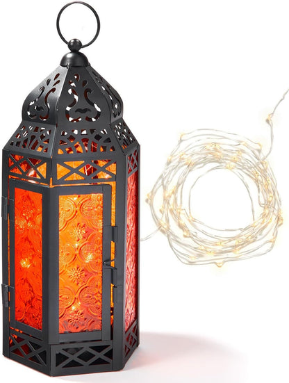 LampLust Moroccan Lantern with Lights - 11 Inch Decorative Indoor Lantern with LED Fairy Lights, Black Metal & Red Glass