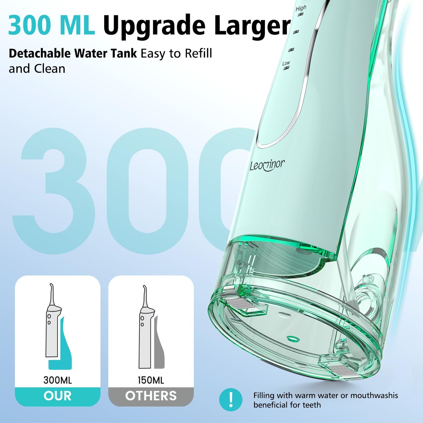 Leominor Water Flosser Pick for Teeth, 300ML Portable Oral Irrigator Upgraded Tank Removable,IPX7 Waterproof, Rechargeable Travel Teeth Cleaner, Professional Electric Flossing Machine (Pink)