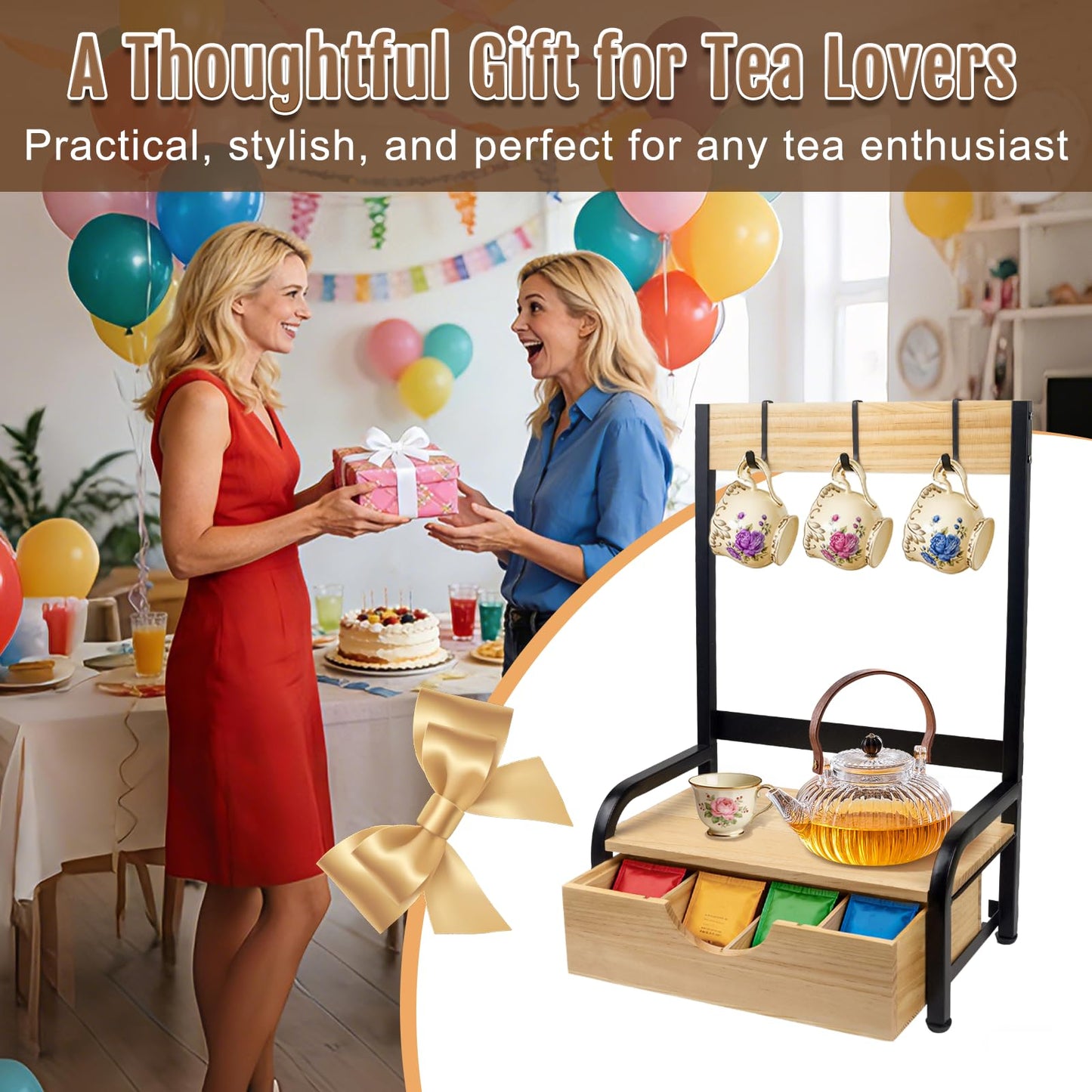 Tea Bag Organizer with Adjustable Drawer, Tea Organizers and Storage with 3 Hooks, Wood & Metal Tea Bag Holder, Tea Box Organizer for Countertop Tea Station, Tea Storage Organizer