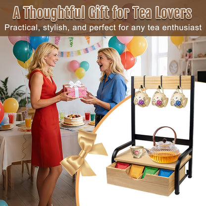 Tea Bag Organizer with Adjustable Drawer, Tea Organizers and Storage with 3 Hooks, Wood & Metal Tea Bag Holder, Tea Box Organizer for Countertop Tea Station, Tea Storage Organizer
